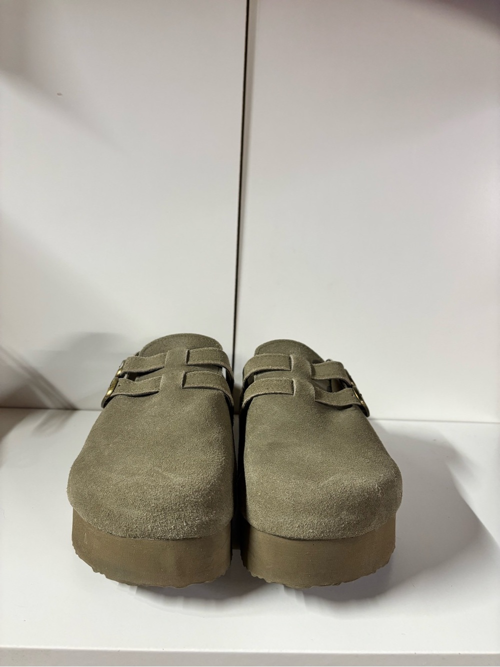 Women’s Suede Slip-On Clog with Buckle Detail - Olive